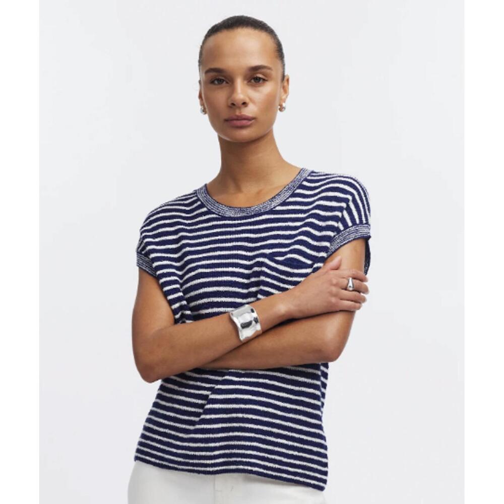 Madewell Ribbed Navy Stripe Short Sleeve Pocket Sweater - Size - XS
